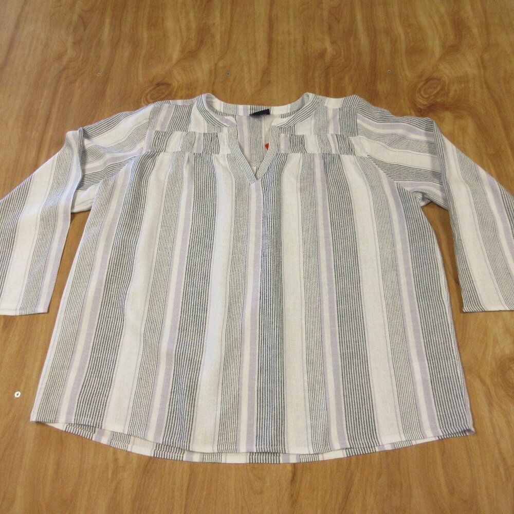 SPLENDID Linen Blend Top Blouse Size M Yoked Grey Purple White Strip‎ Shirt NWT